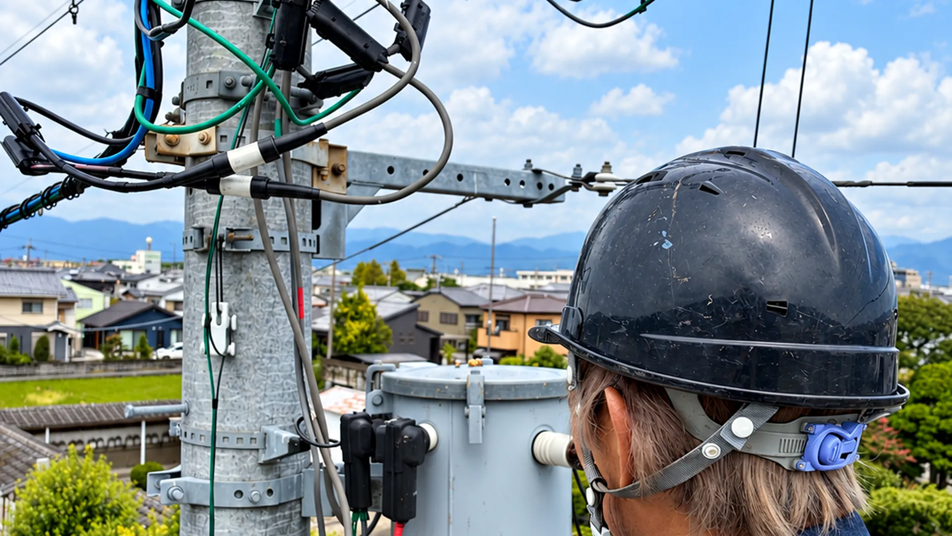 電柱の上の変圧器と配線を確認する現場
